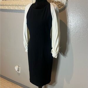 Paule Ka Black and Cream Long Sleeve Dress With Cape